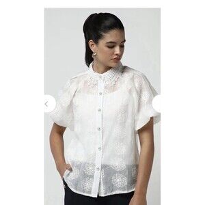 COCOBLEU White Sheer Embroidered Lace Pearl Button Blouse Large Feminine BOHO